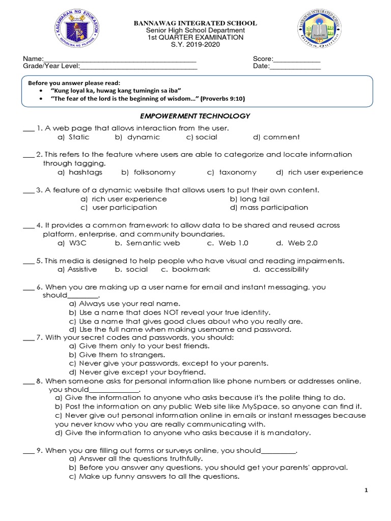 Empowerment Technology Exam 2019-2020 | PDF | World Wide Web | Internet ...
