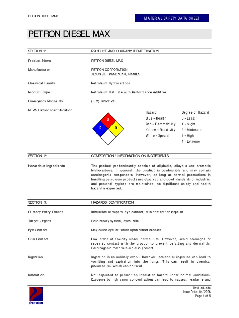 MSDS Petron Diesel Max PDF Dangerous Goods Combustion