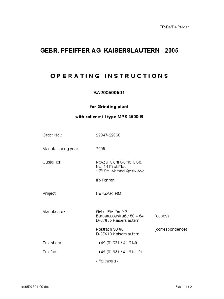 Operation Instructions of Grinding Plant (Raw Mill), PDF, Bearing  (Mechanical)