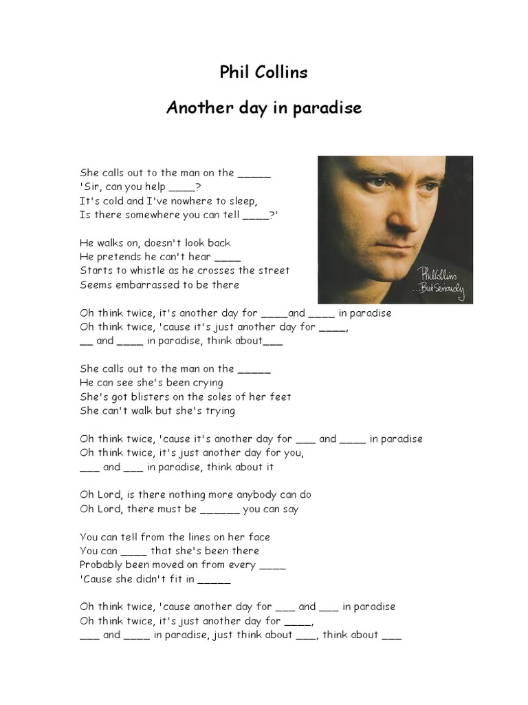 Song Worksheet: Another Day in Paradise (Personal and Object Pronouns)