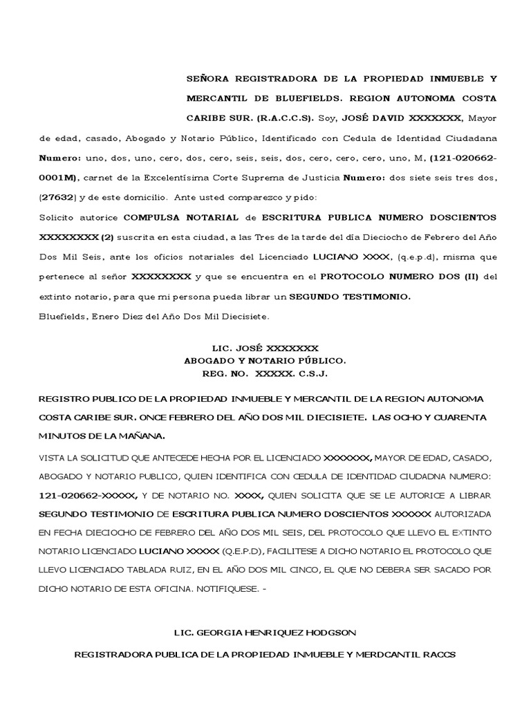 Solicitud de compulsa notarial y liberación de segundo testimonio de ...