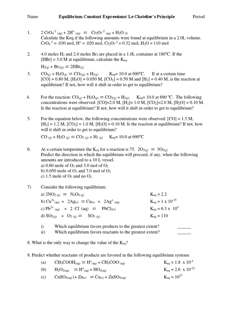 Equilibrium Constant Expressions Le Chat Docx Chemical Equilibrium Physics