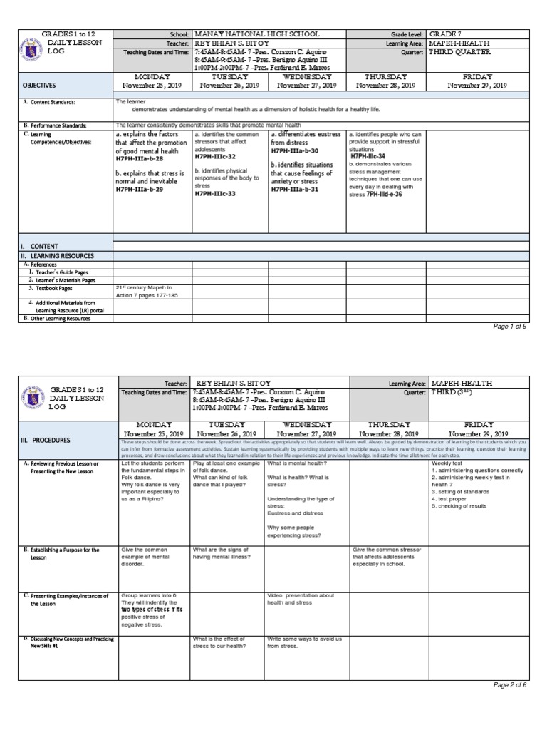 Grade 7 Mental Health Lesson Plan | PDF | Stress (Biology) | Learning
