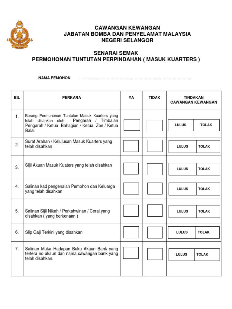 Senarai Semak Masuk Kuarters | PDF