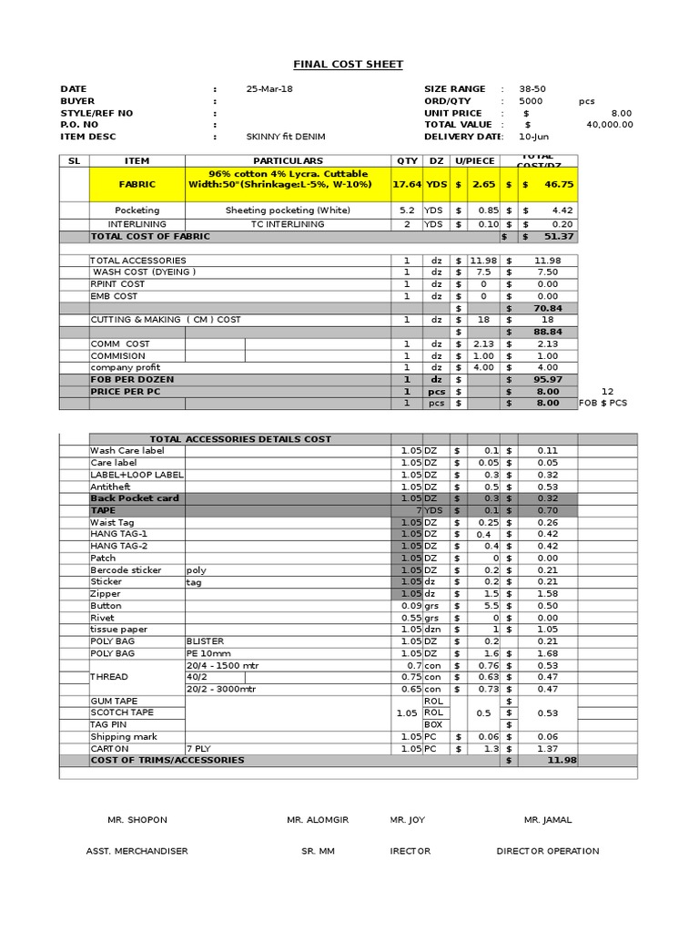 Garments Costing Sheet of LADIES Skinny Denims PDF Clothing Textiles