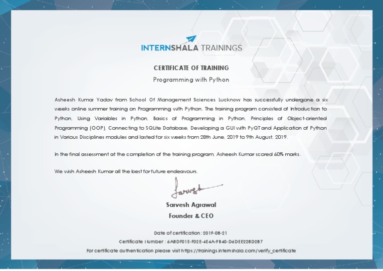 Python Programming Training Certificate | PDF