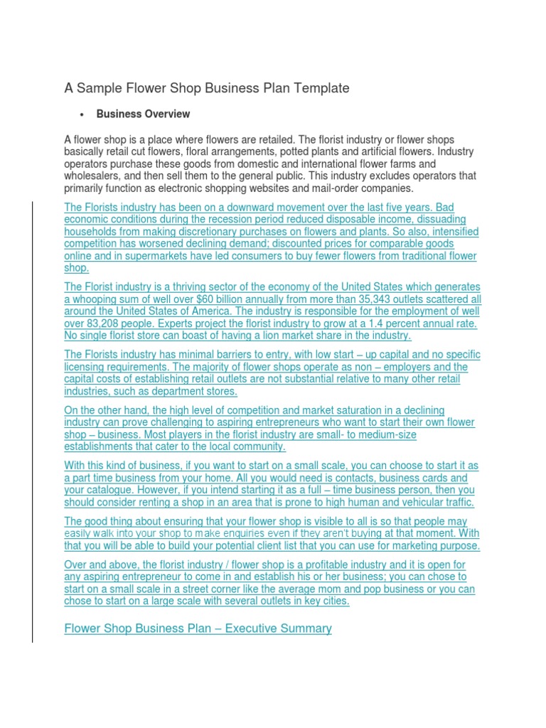 A Sample Flower Shop Business Plan Template PDF Floristry Retail