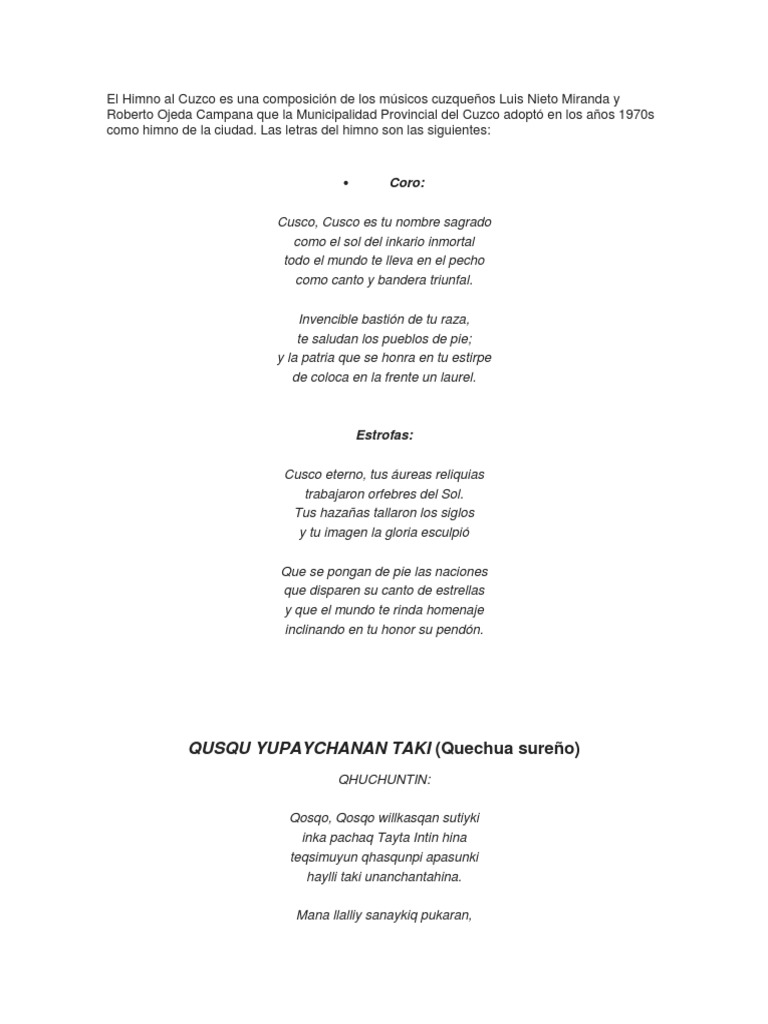 Himno al Cusco: Letra y Compositores | PDF