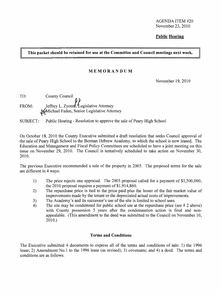 Montgomery County MD Council Staff Report On Peary HS Sale Nov 19 2010