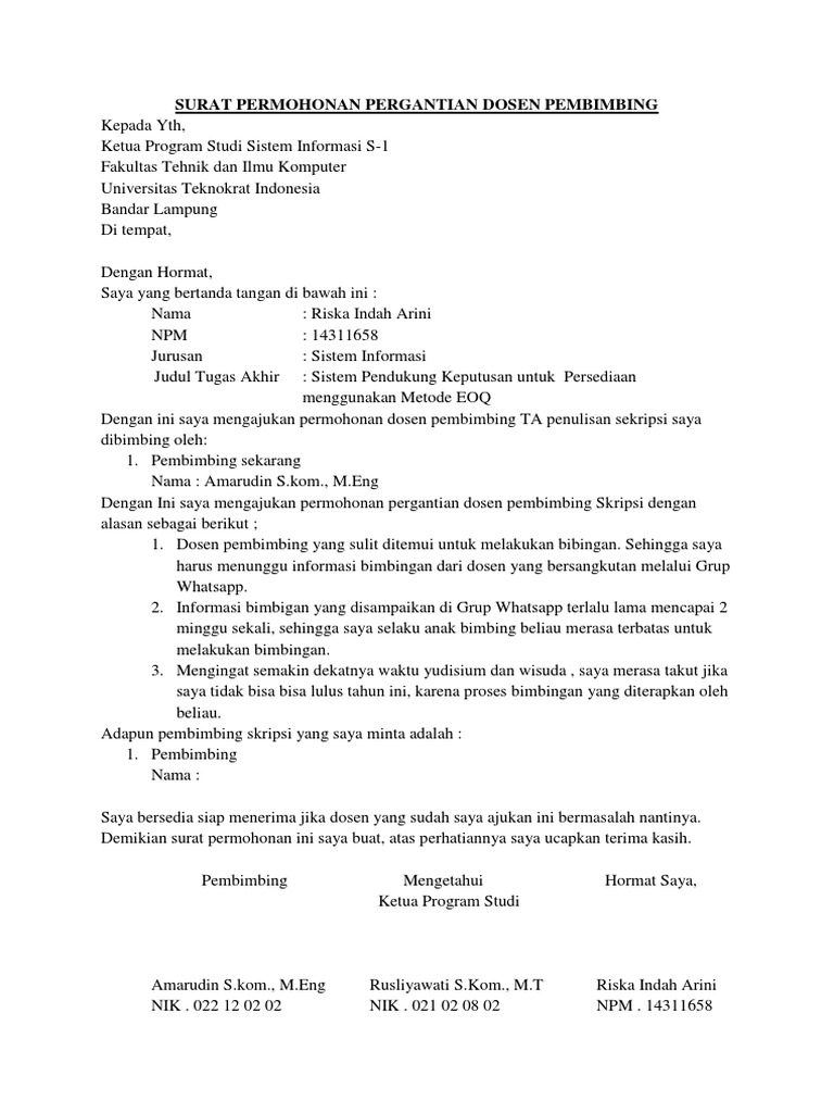 Surat Permohonan Pergantian Dosen Pembimbing Docx