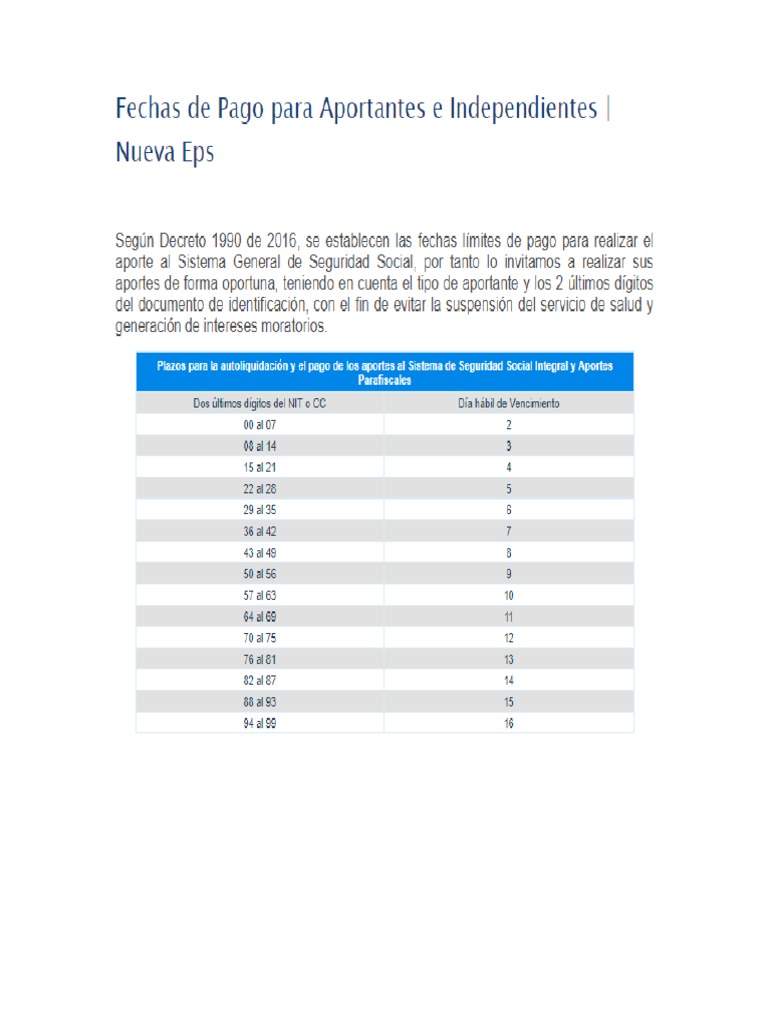 Fechas de Pagos Seguridad Social PDF