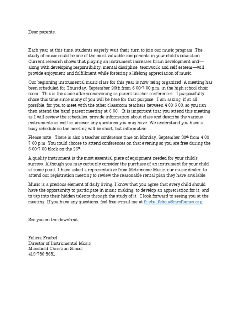 Beginning Band Recruitment Letter | PDF | Wellness