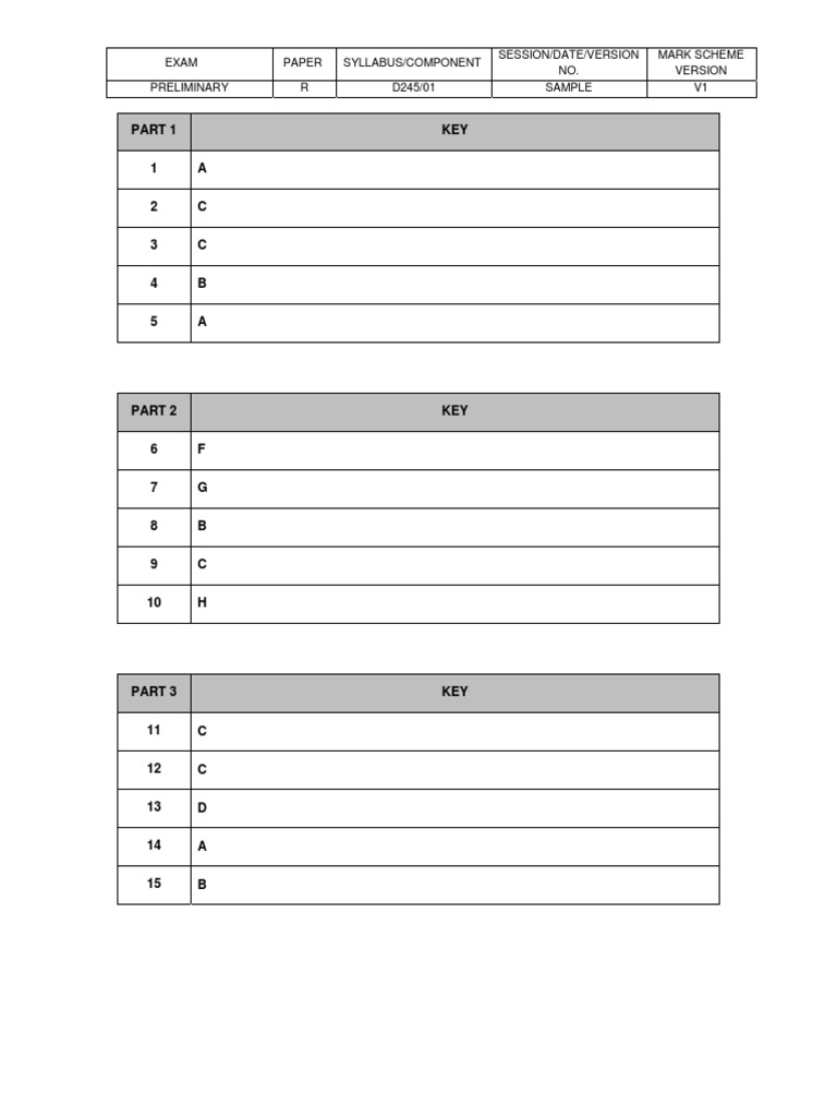 B1 Preliminary Reading Answer Key | PDF