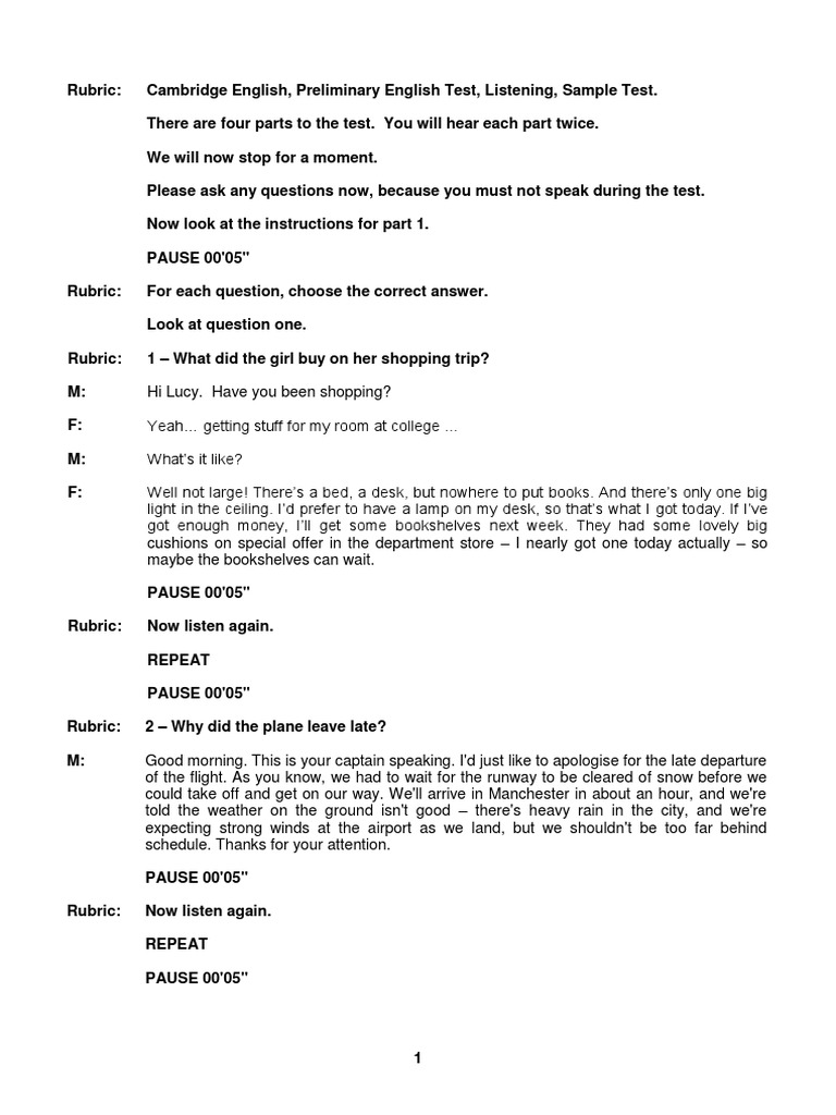B1 Preliminary 2020 Sample Listening - Tape Script PDF | PDF | Swimming ...