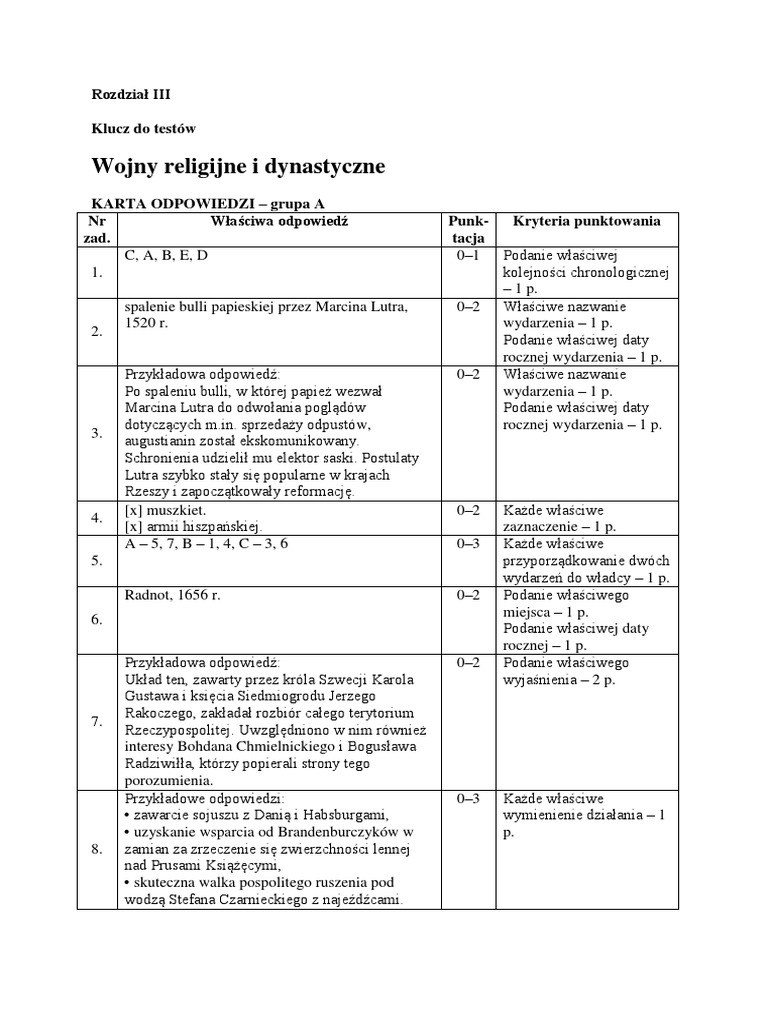 Wojny Religijne I Dynastyczne Sprawdzian Test Wojny Dynastyczne i Religijne Grupa a Klucz Odpowiedzi