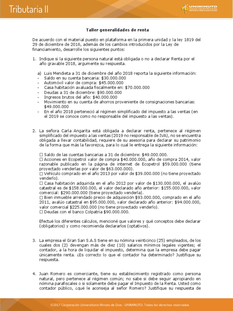 Taller de Renta y Ley Tributaria | PDF | Impuesto sobre la renta ...