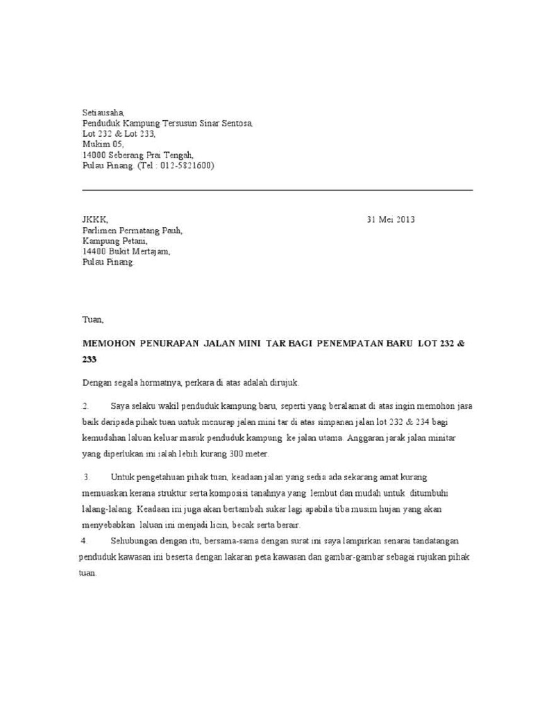 Contoh Surat Permohonan Jalan Kampung