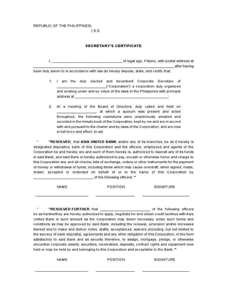 AUB Secretary Certificate Template  PDF  Banks  Board Of Directors Pertaining To Corporate Secretary Certificate Template