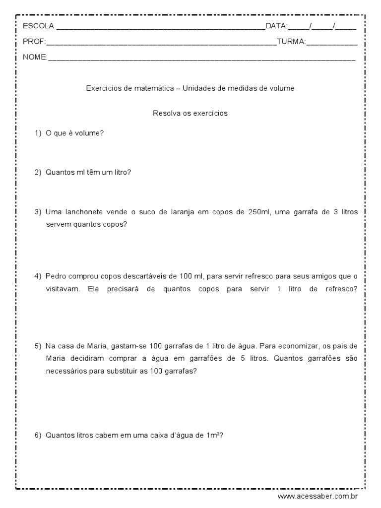 Atividade de Matematica Unidade de Medida Volume 4º Ou 5º Ano | PDF