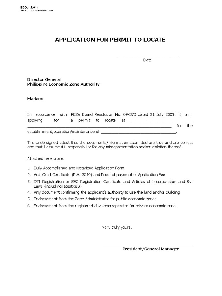 PEZA Permit to Locate Application Form | PDF | Business | Government