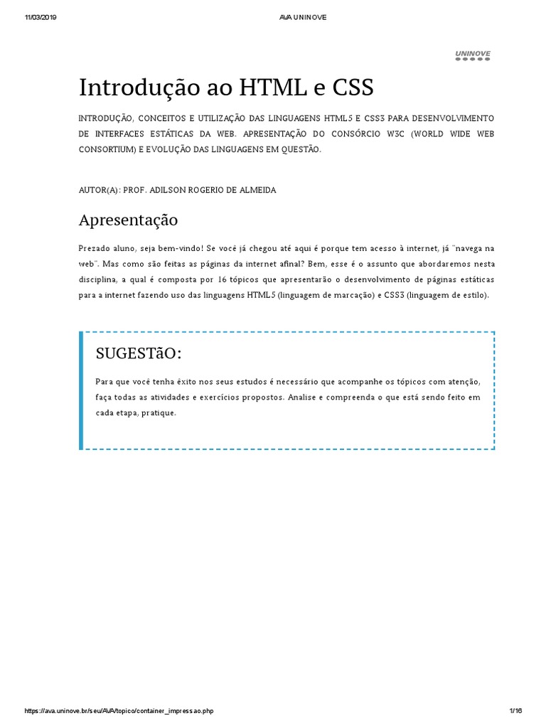 01 - Introducao Ao HTML e CSS | PDF | Html | Folhas de estilo em cascata