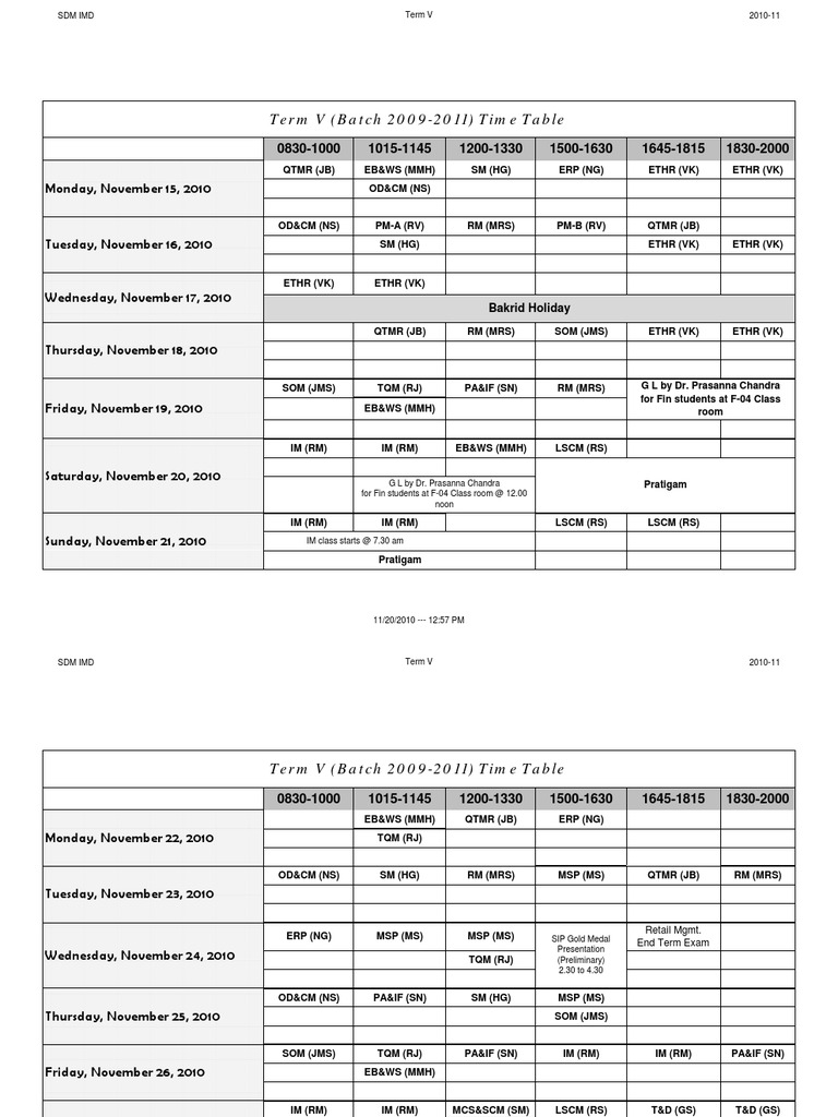 II Year Time Table | PDF