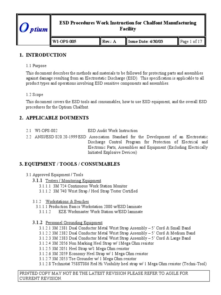 ESD Work Instruction WIOPS005 Electrostatic Discharge Electrostatics