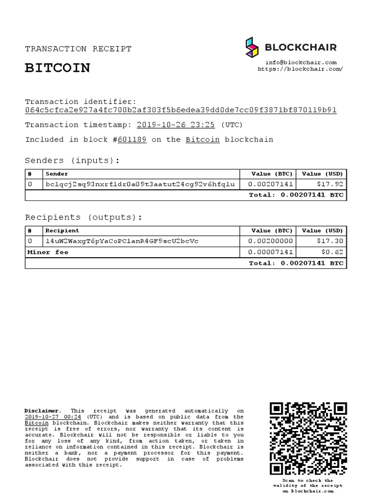 Bitcoin Transaction Receipt Details | PDF