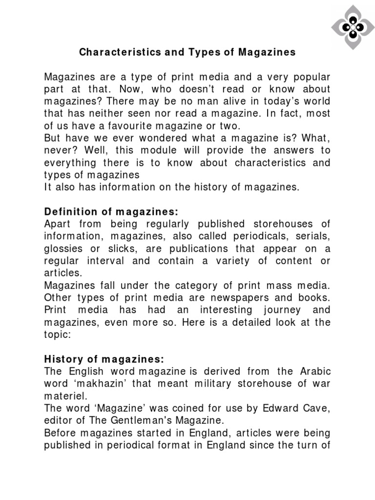 Characteristics and Types of Magazines PDF PDF Magazines Newspapers