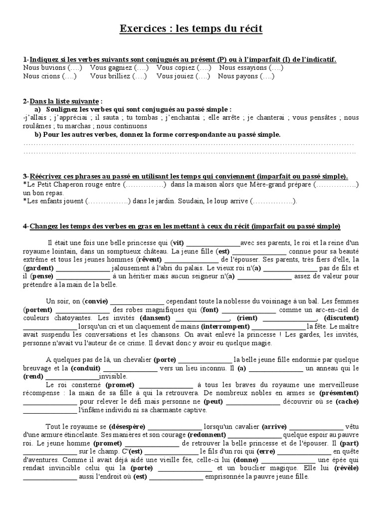 Exercices Passé Simple 4ème à Imprimer Exercices - Les Temps Du Récit | PDF
