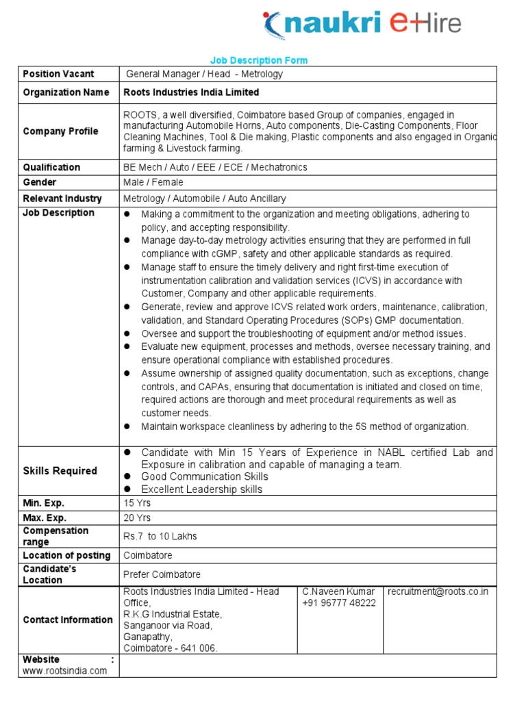 Job Description PDF Calibration Metrology