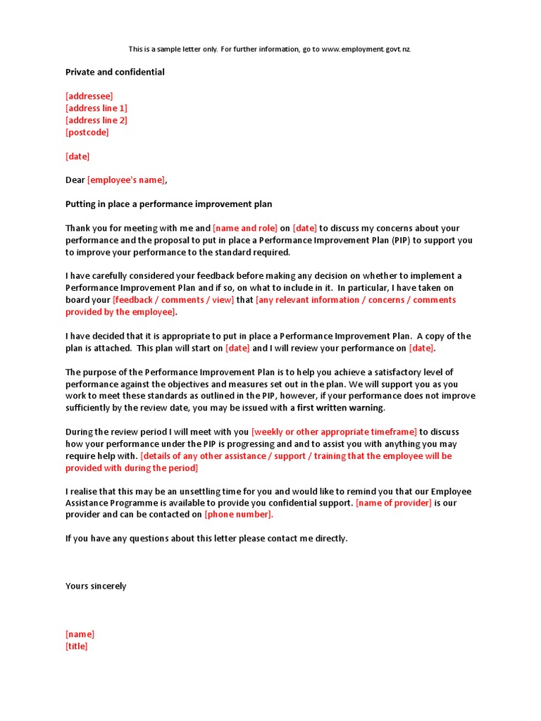Sample Letter Putting in Place A Performance Improvement Plan | PDF |  Government | Business
