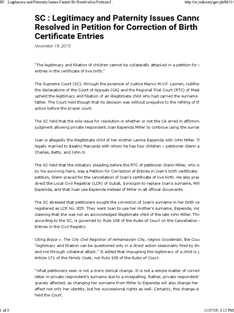 Legitimacy and Paternity Issues Cannot Be Resolved in Petition For ...