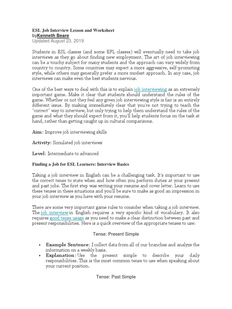 Esl Job Interview Lesson And Workshee1 Pdf English As A Second Or Foreign Language Job Interview