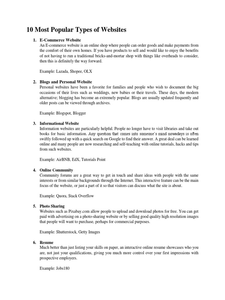 10 Popular Website Types Explained | PDF | Websites | Blog