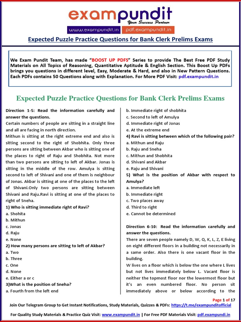 Expected Puzzle Questions For Ibps Clerk Prelims Exams | PDF