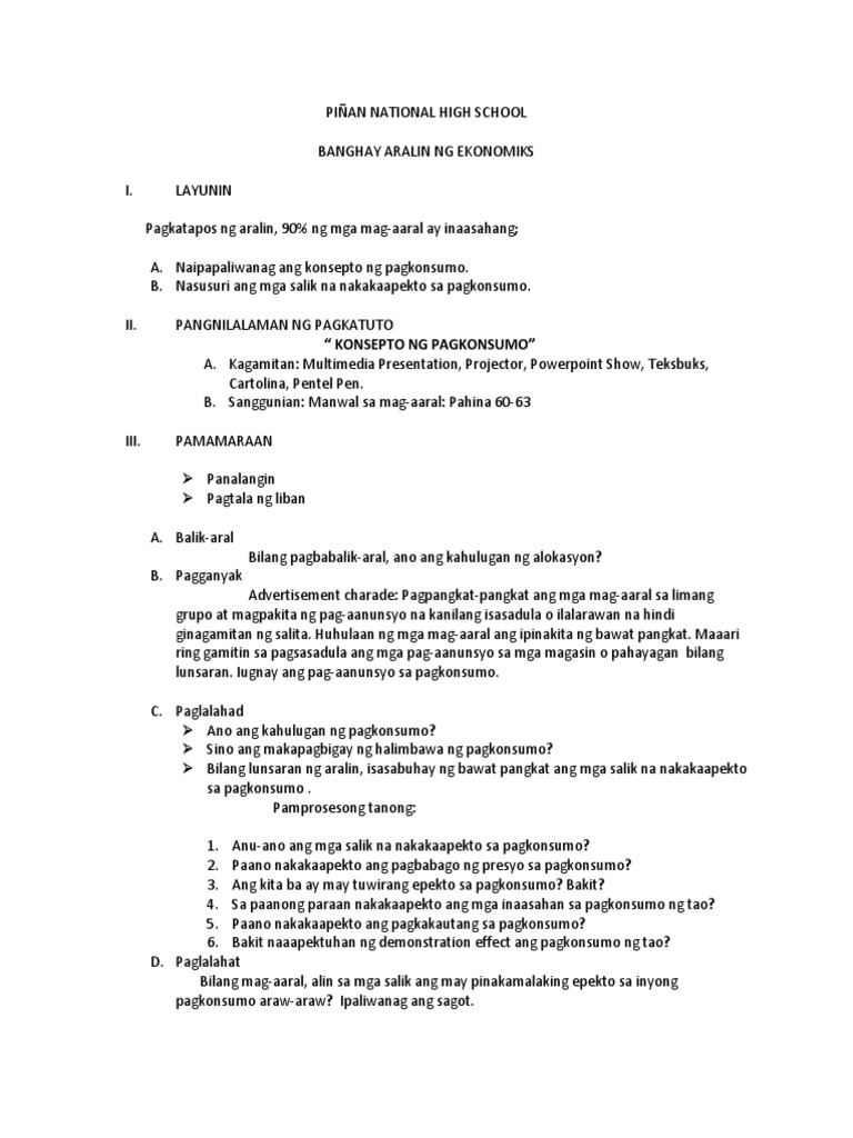 Lesson Plan Sa Pagkonsumo | PDF