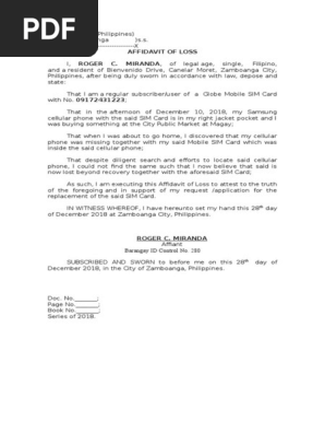 Affidavit of Loss Cellphone and SIM Card