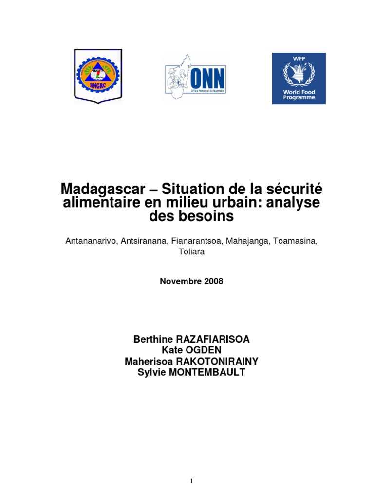 Madagascar - Situation de La Sécurité Alimentaire en Milieu Urbain: Analyse  Des Besoins: Antananarivo, Antsiranana, Fianarantsoa, Mahajanga, Toamasina,  Toliara (Novembre 2008), PDF, Madagascar