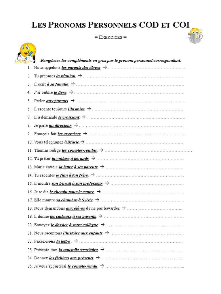 Les Pronoms Personnels Cm1 Exercices Pdf