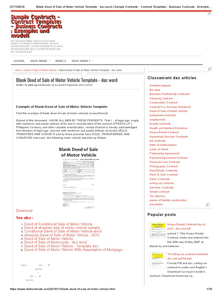 Blank Deed of Sale of Motor Vehicle Template - Doc Format | PDF | Deed |  Business Law