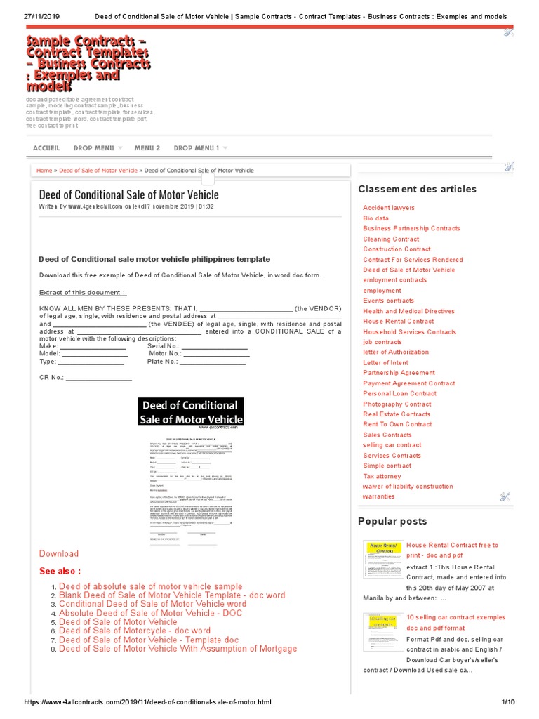 Conditional Sale of Motor Vehicle Template | PDF | Deed | Land Law