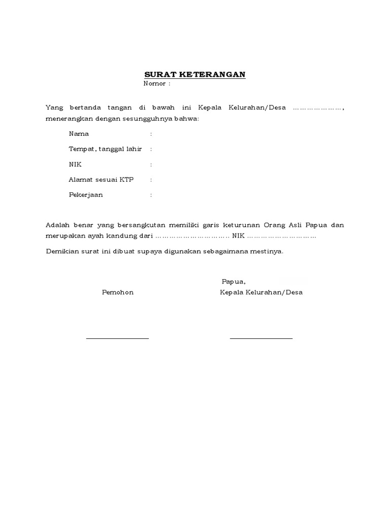 Contoh Surat Keterangan Orang Asli Papua