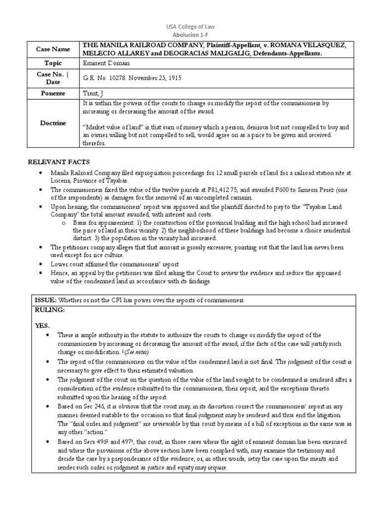 Eminent Domain Case Review: Manila Railroad | PDF | Judgment (Law ...