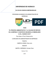 El Proceso Administrativo y La Calidad de Servicio de La Empresa T-Construye Desarrollo Inmobiliario E.I.R.L. Huanuco - 2019