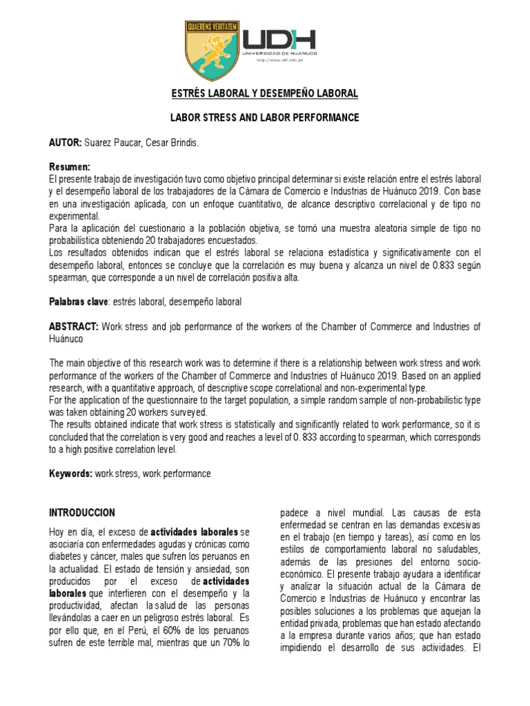 Estres Laboral y Desempeño Laboral | PDF | Estrés (biología) | Sicología