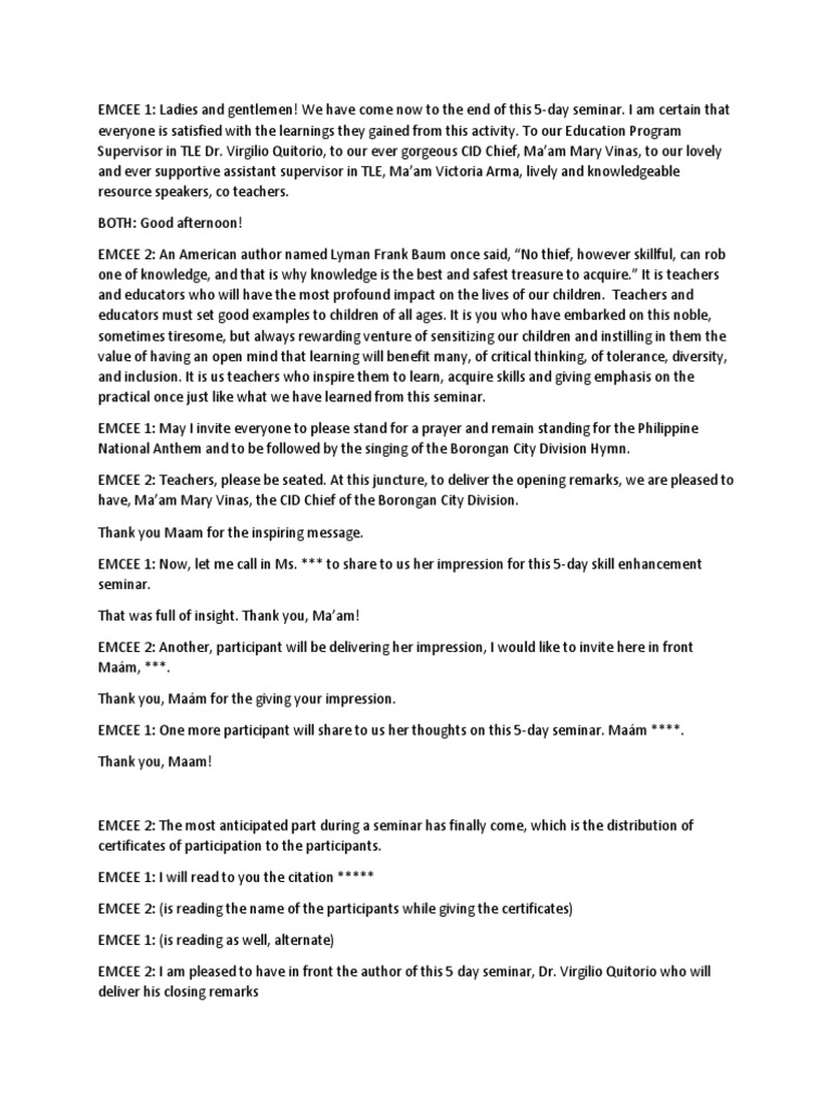 Closing Remarks Script For Emcee Best Mc Script