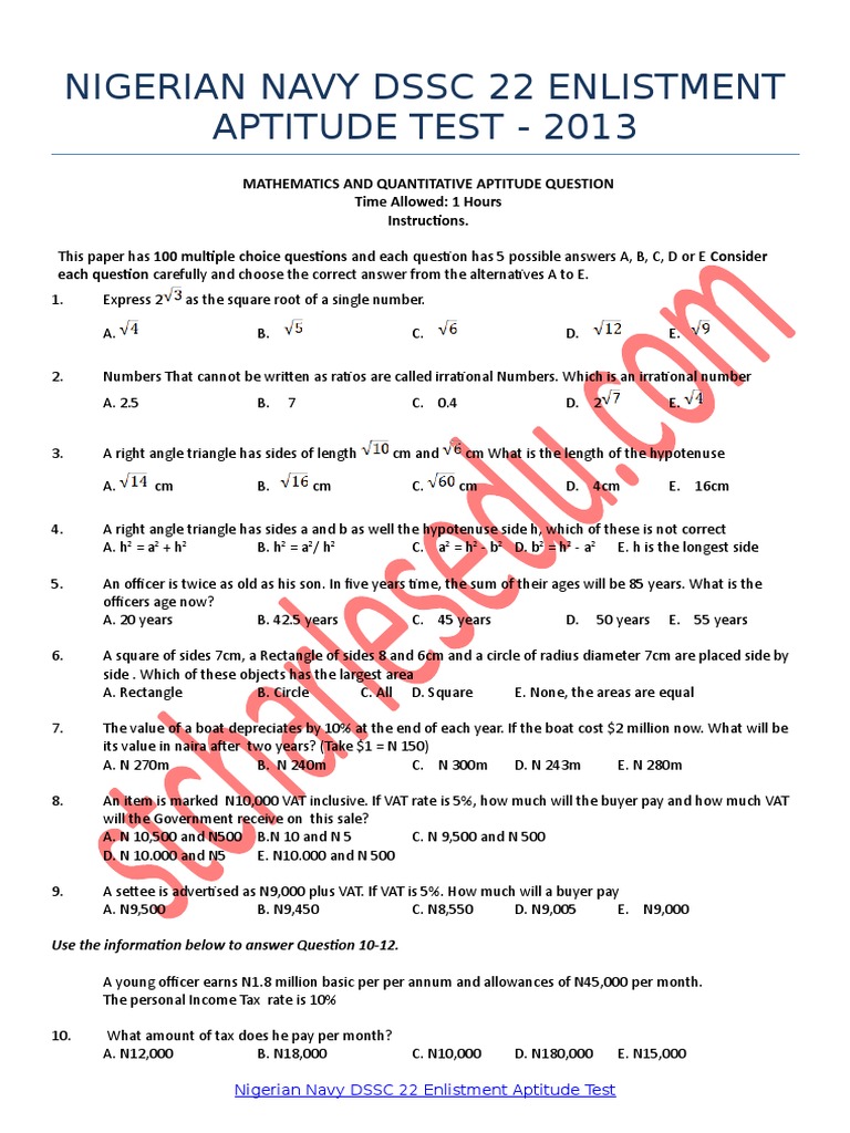 Nigerian Navy DSSC Past Questions and Answers PDF Download 