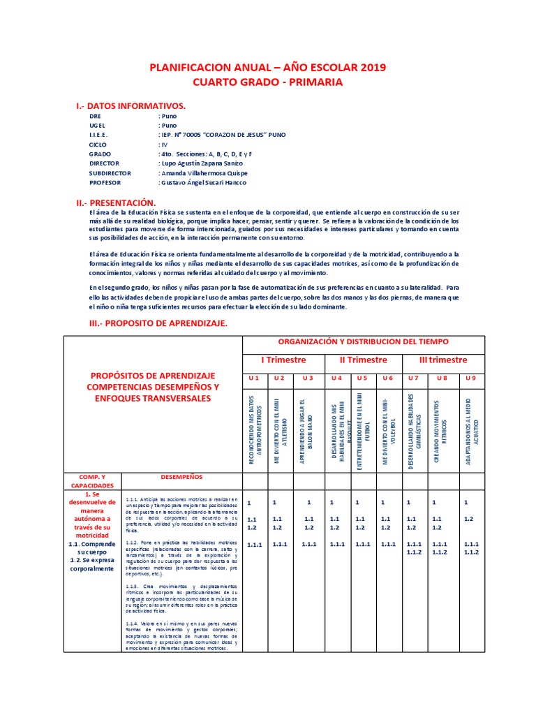 Planificación Anual 2019 - 4to Grado Primaria | PDF | Plan de estudios ...