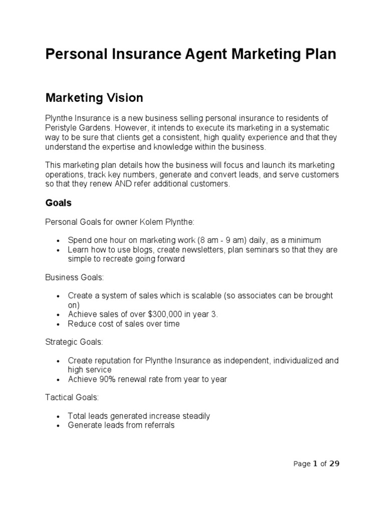Personal Insurance Agent Marketing Plan PDF Home Insurance Insurance